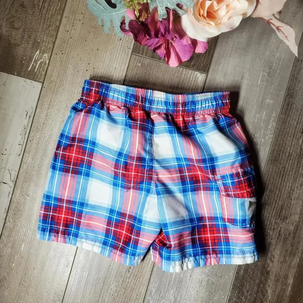 OP Baby Boy Board Shorts Swim Trunks Blue Red White Plaid Size 18m NWOT